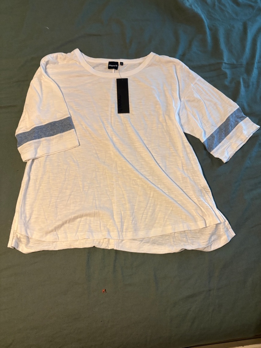 Mono B White Short Sleeve Tee with light blue Sleeve Stripes